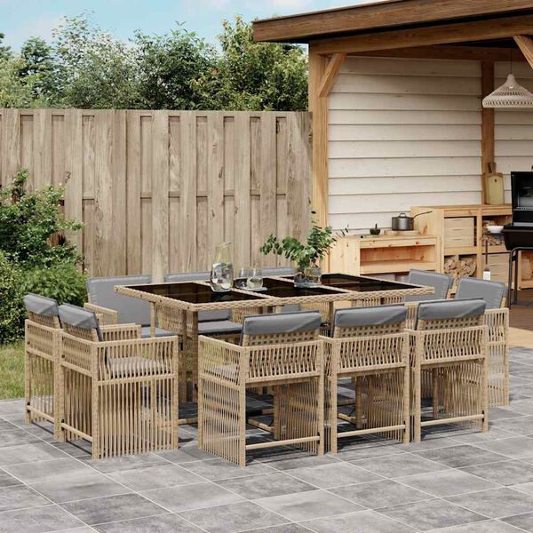 vidaXL Set Pranzo da Giardino 11 pz con Cuscini Beige Misto Polyrattan