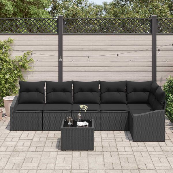 vidaXL Set Divano da Giardino con cuscino 7 pcs Nero polyrattan