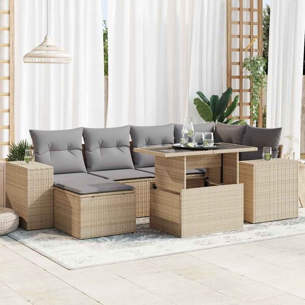 vidaXL Set Divani da Giardino 7 pz con Cuscini Beige in Polyrattan