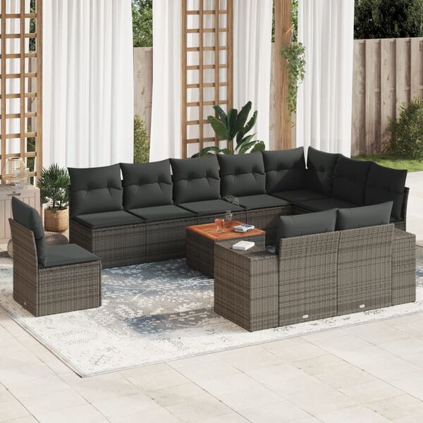 vidaXL Set Divani da Giardino 11 pz con Cuscini in Polyrattan Grigio