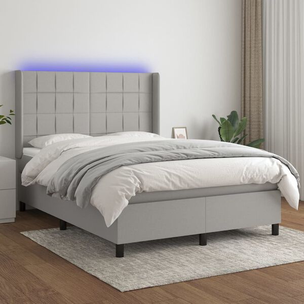 vidaXL Letto a Molle Materasso e LED Grigio Chiaro 140x200 cm Tessuto