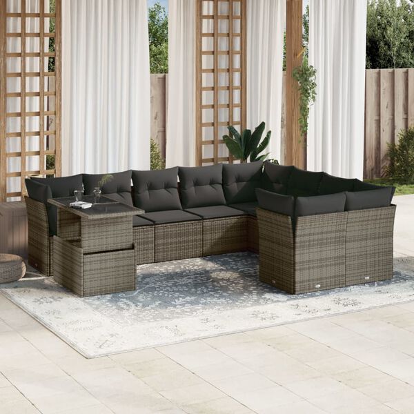 vidaXL Set Divano da Giardino 10 pz con Cuscini Grigio in Polyrattan