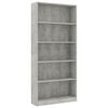 vidaXL Libreria 5 Ripiani Grigio Cemento 80x24x175cm Legno Multistrato