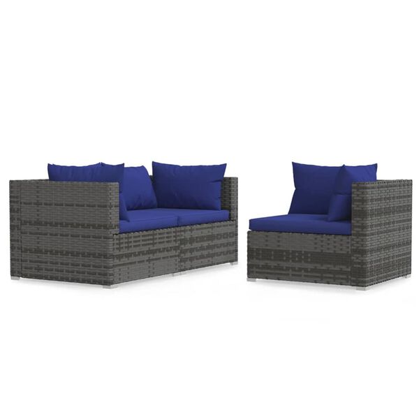 vidaXL Set Divani da Giardino 3 pz con Cuscini in Polyrattan Grigio