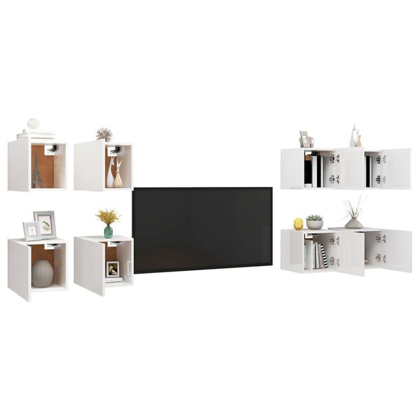 vidaXL Mobili Porta TV a Parete 8 pz Bianco Lucido 30,5x30x30 cm