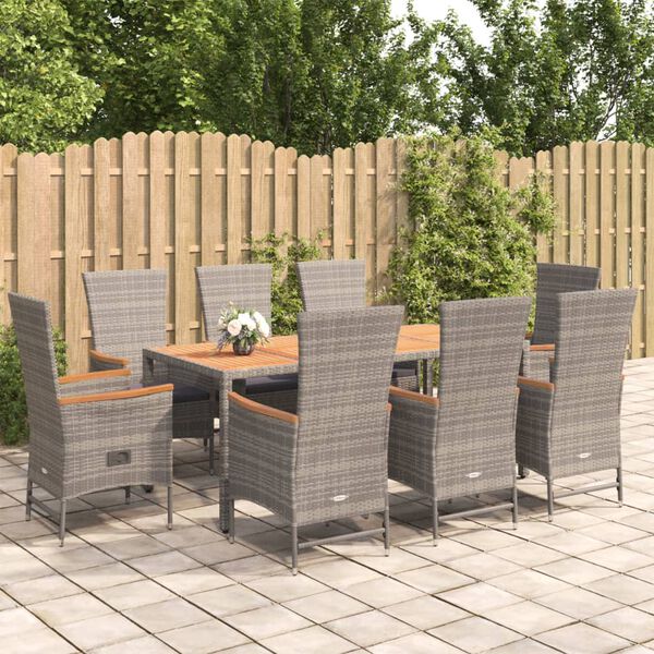 vidaXL Set da Pranzo da Giardino 9 pz con Cuscini in Polyrattan Grigio