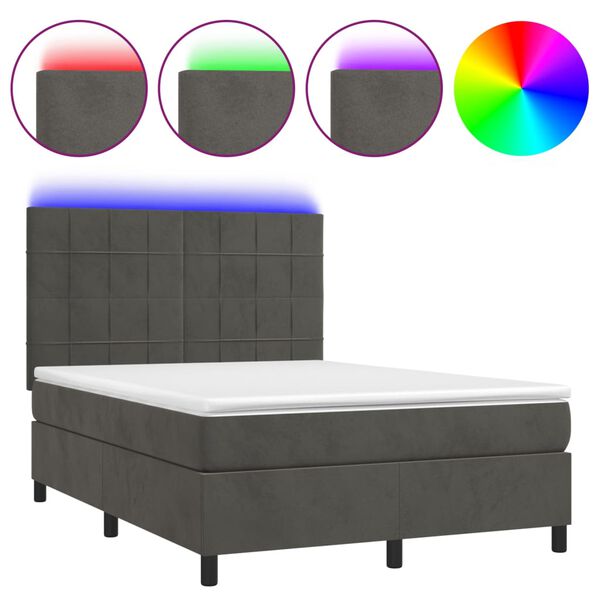 vidaXL Letto a Molle con Materasso e LED Grigio Scuro 140x200 cm