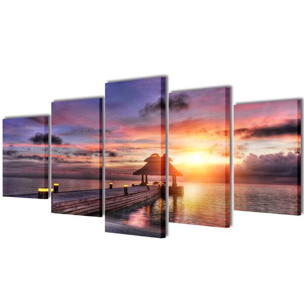 5 pz Set Stampa su Tela da Muro Spiaggia con Padiglione 100 x 50 cm