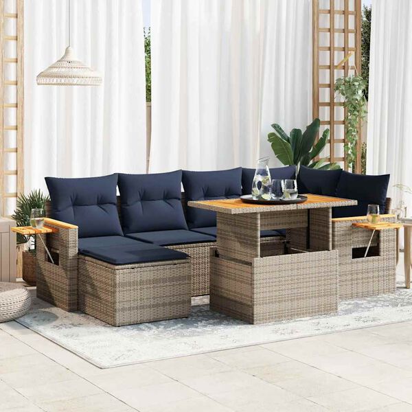 vidaXL Set Divani da Giardino con Cuscini 7pz Nero Polyrattan Acacia