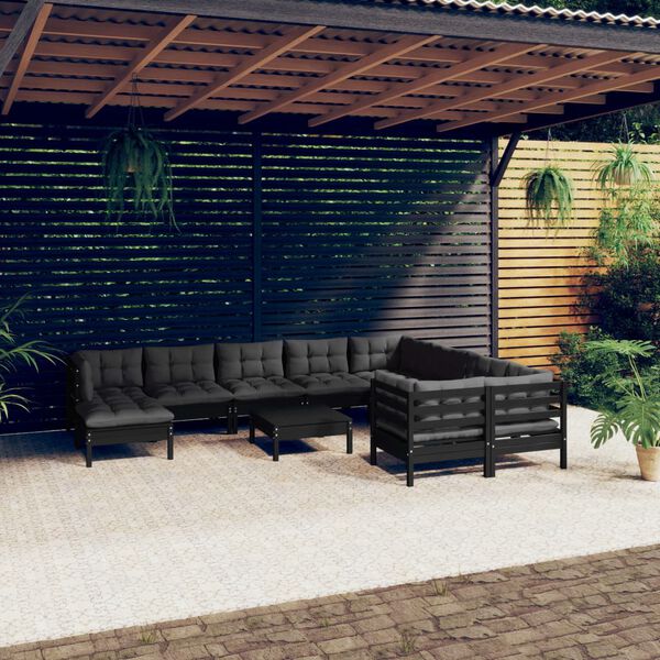 vidaXL Set Divani da Giardino 11 pz con Cuscini in Legno di Pino Nero