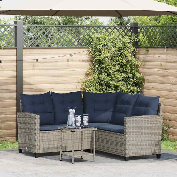 vidaXL Divano da Giardino con Tavolo e Cuscini a L Grigio Polyrattan