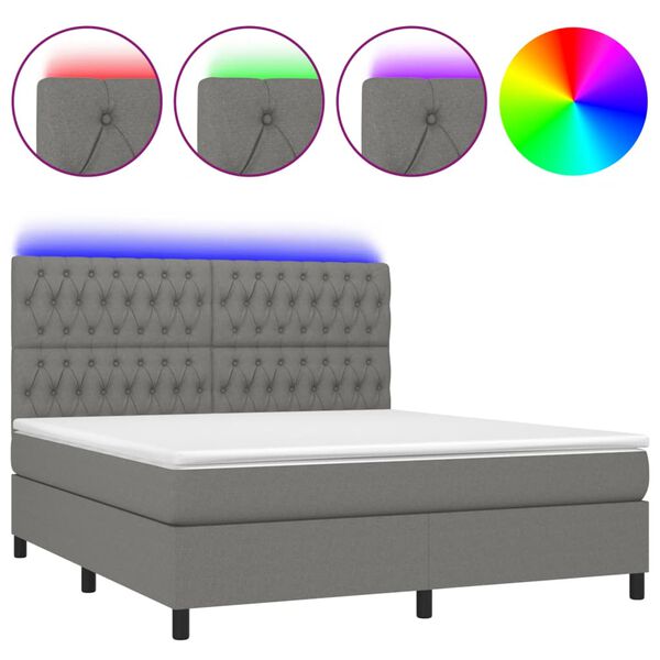 vidaXL Letto a Molle Materasso e LED Grigio Scuro 180x200cm in Tessuto