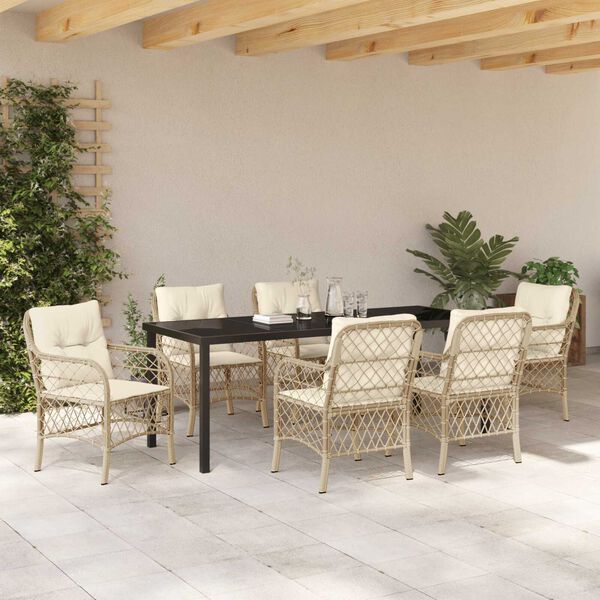 vidaXL Set da Pranzo per Giardino con cuscino 7 pcs Beige polyrattan