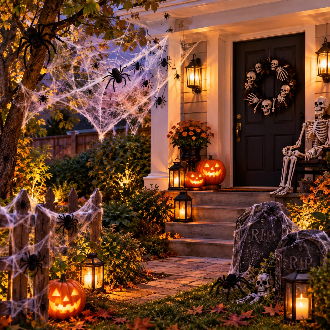 Portico e giardino di Halloween con ragnatele, ragni e uno scheletro
