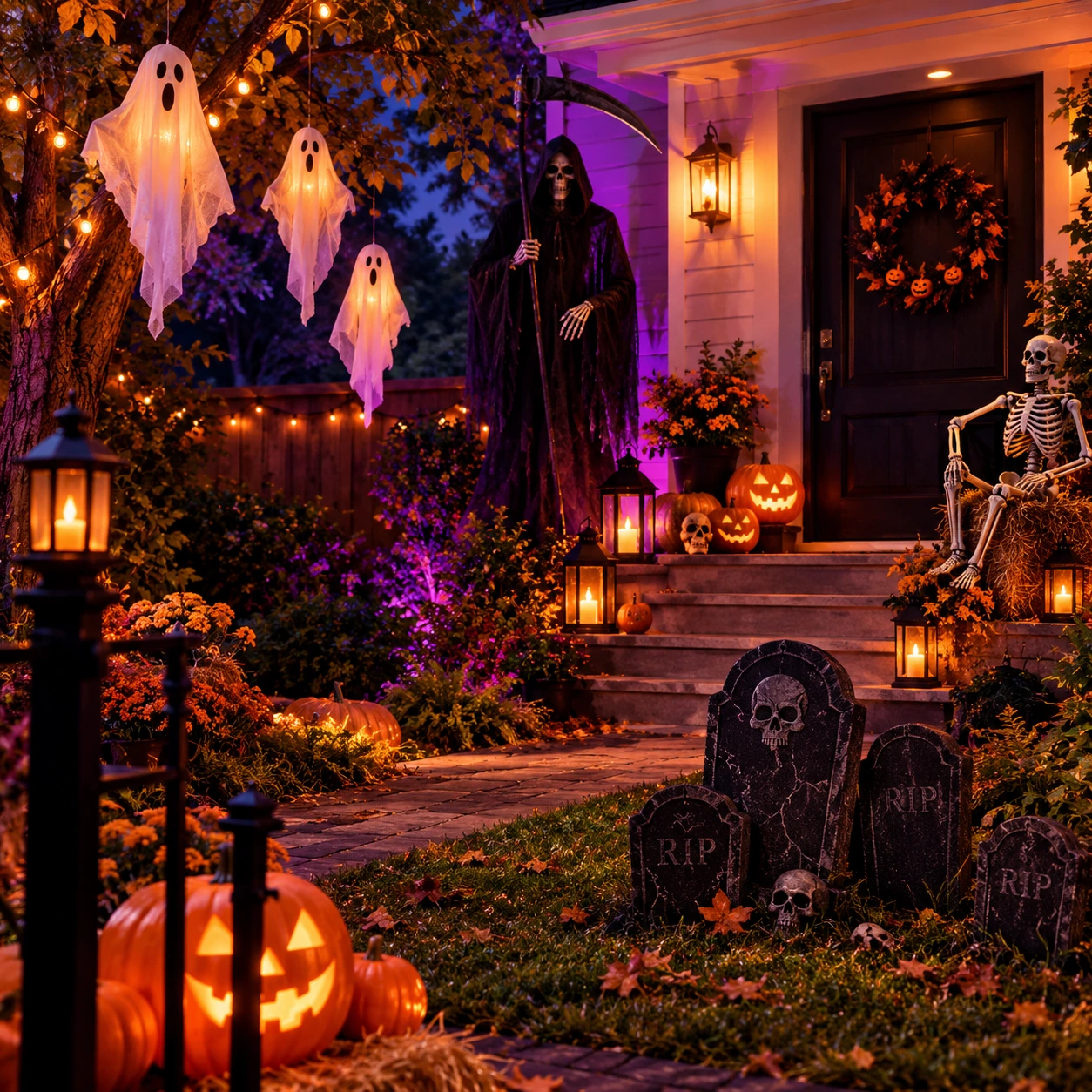 Giardino di Halloween con fantasmi appesi e un mietitore