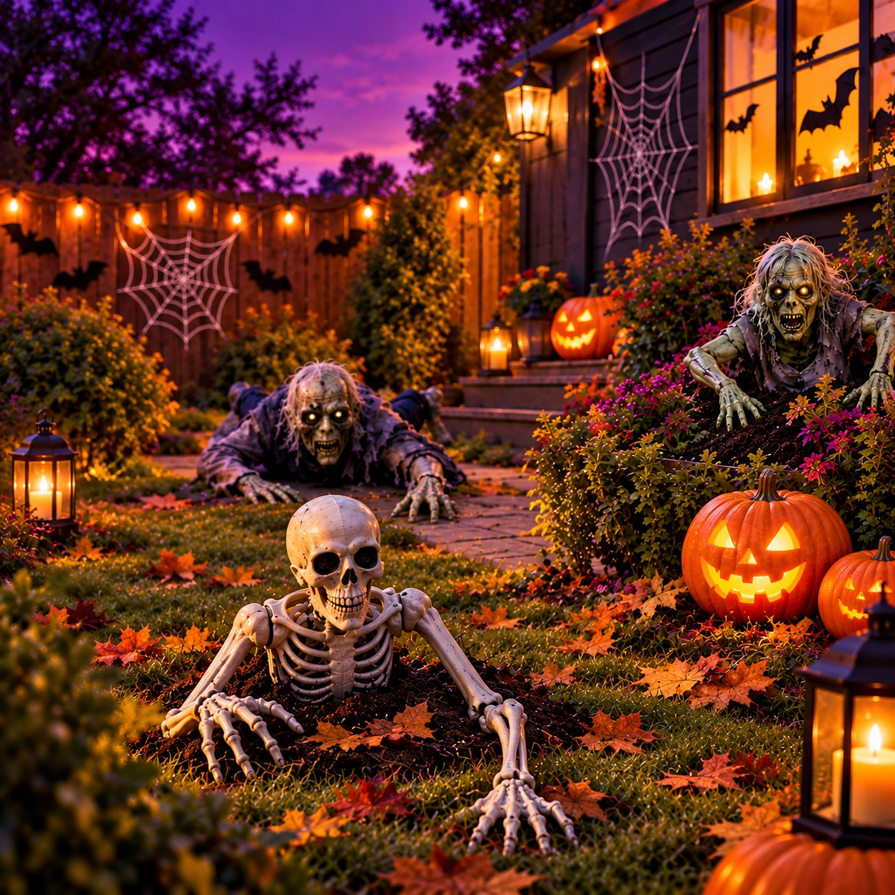 Giardino di Halloween con uno scheletro, zombi e zucche luminose