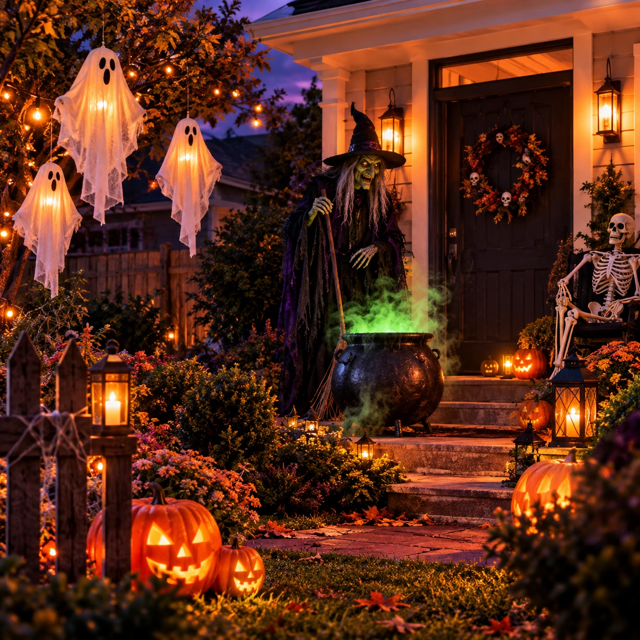Portico di Halloween con una strega, fantasmi e zucche luminose