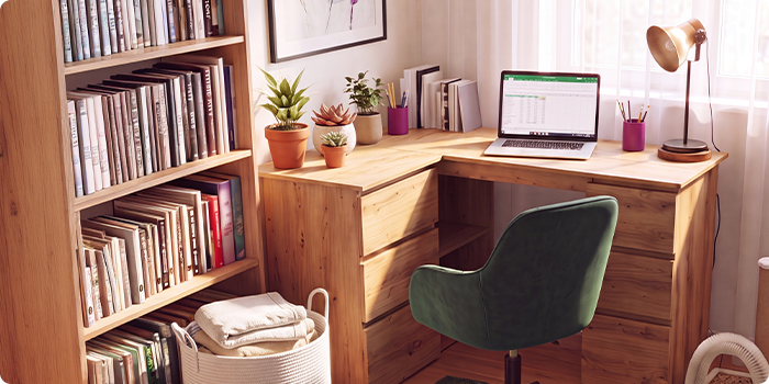 Ufficio in casa con scrivania angolare in legno, sedia da ufficio ergonomica verde, laptop, libreria, lampada da scrivania e piante da interno, per creare uno spazio di lavoro comodo e produttivo per lavorare da casa.
