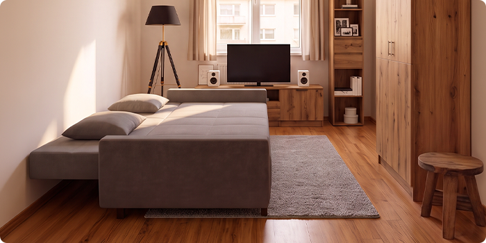 Divano letto grigio mostrato sia come divano sia come letto completamente aperto in un appartamento moderno.