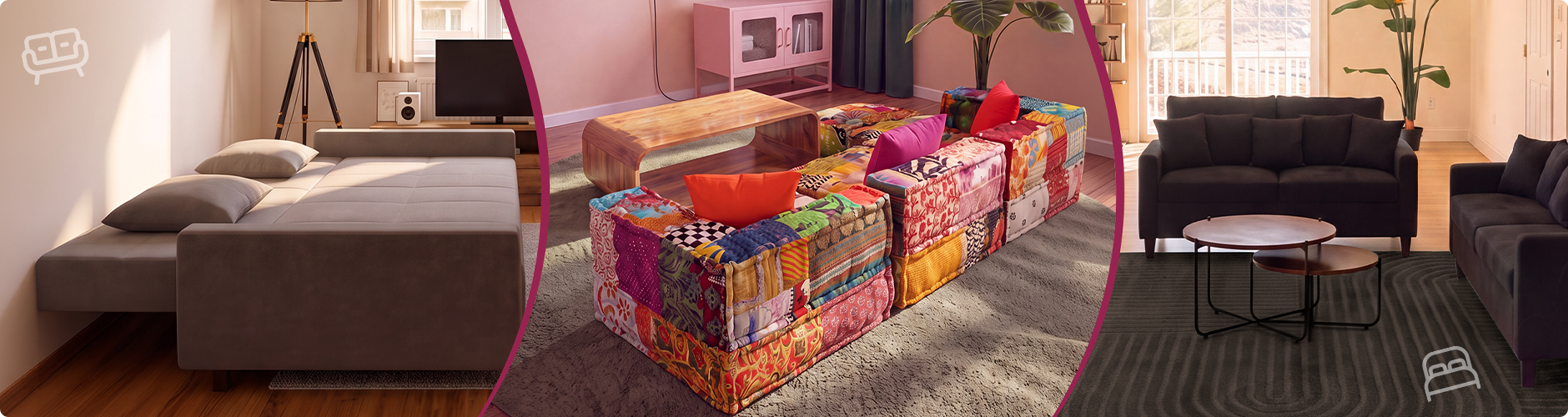 Collage con tre stili di divani: un soggiorno moderno con divani scuri, un divano modulare patchwork colorato attorno a un tavolino e un divano letto grigio completamente aperto. Clicca per vedere la collezione di divani.