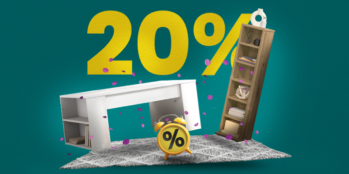 Banner con tavolo, mobile TV, tappeto e sveglia con grande testo giallo “20%”.