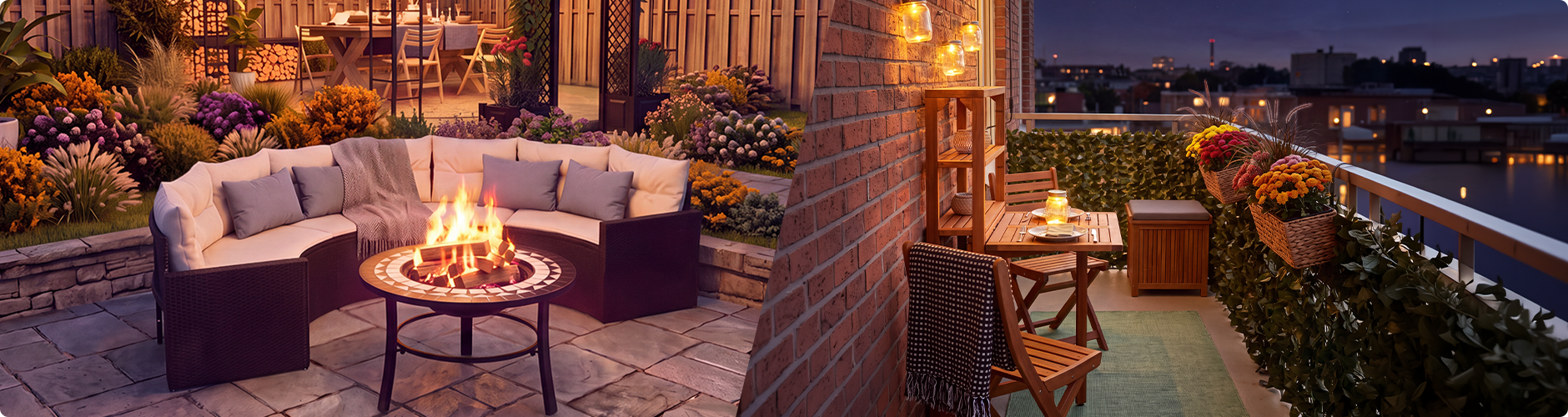 Spazi outdoor accoglienti al tramonto, con un salotto da giardino con braciere e un gazebo pieno di fiori da un lato, e un balcone decorato con mobili in legno, lanterne e fiori in vaso con vista sullo skyline della città dall'altro.
