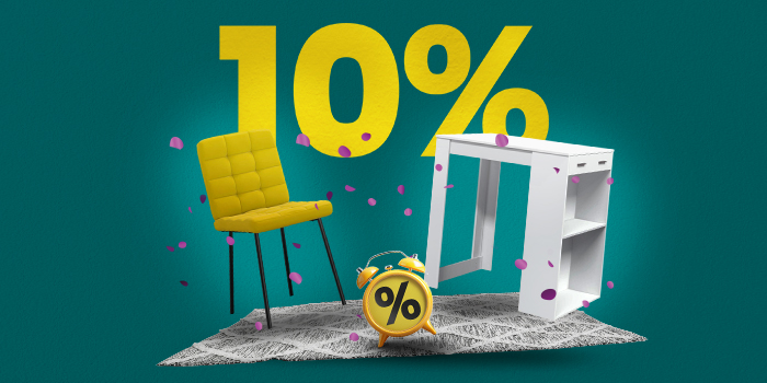 Banner con tavolo, sedia, tappeto e sveglia con grande testo giallo “10%”.