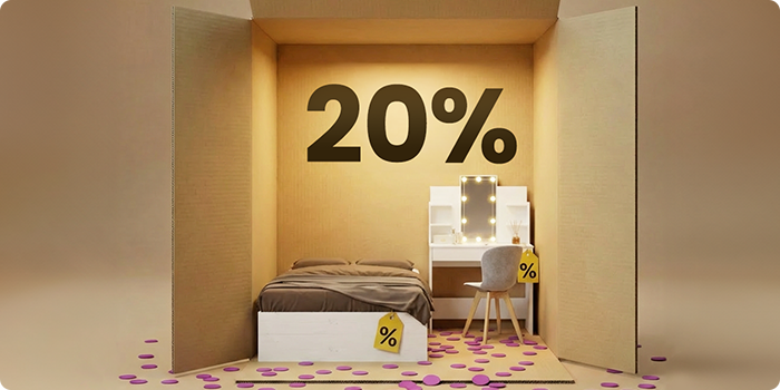 Arredi per camera da letto moderni con letto bianco e toeletta beige in una scena a scatola, con sconto del 20% sugli articoli essenziali per la camera.