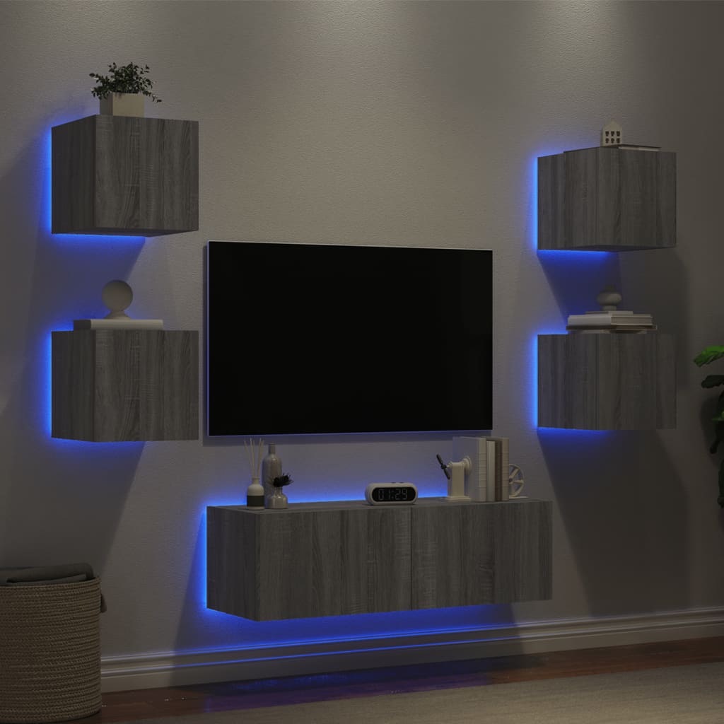 vidaXL Mobili TV a Muro 5pz con Luci LED Grigio Sonoma