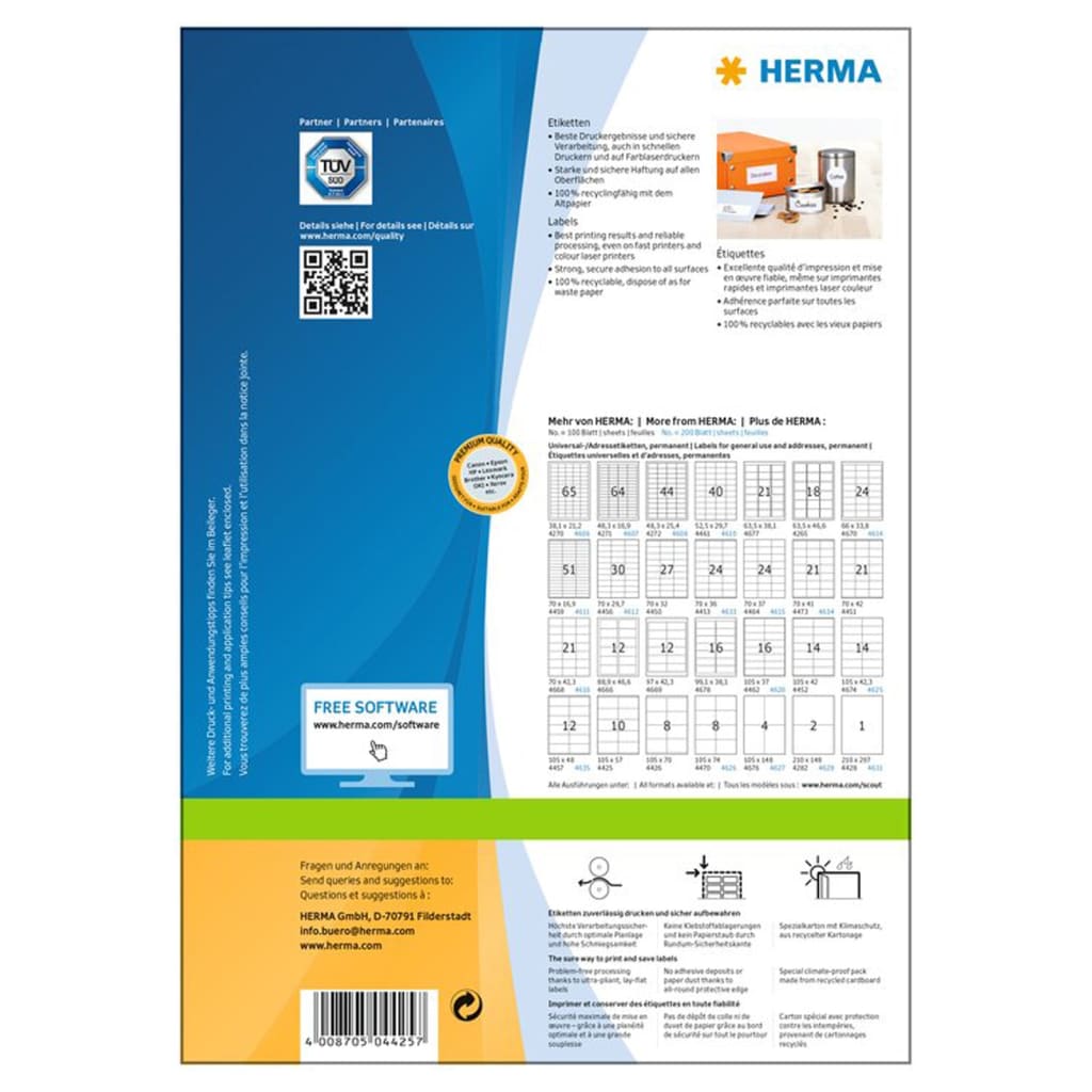 HERMA Etichette Permanenti PREMIUM A4 105x57 mm 100 Fogli