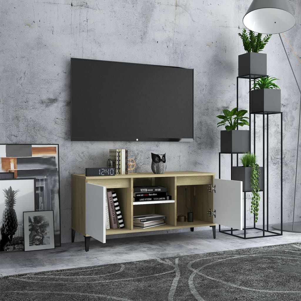 vidaXL Mobile TV con Gambe in Metallo Bianco e Sonoma 103,5x35x50 cm