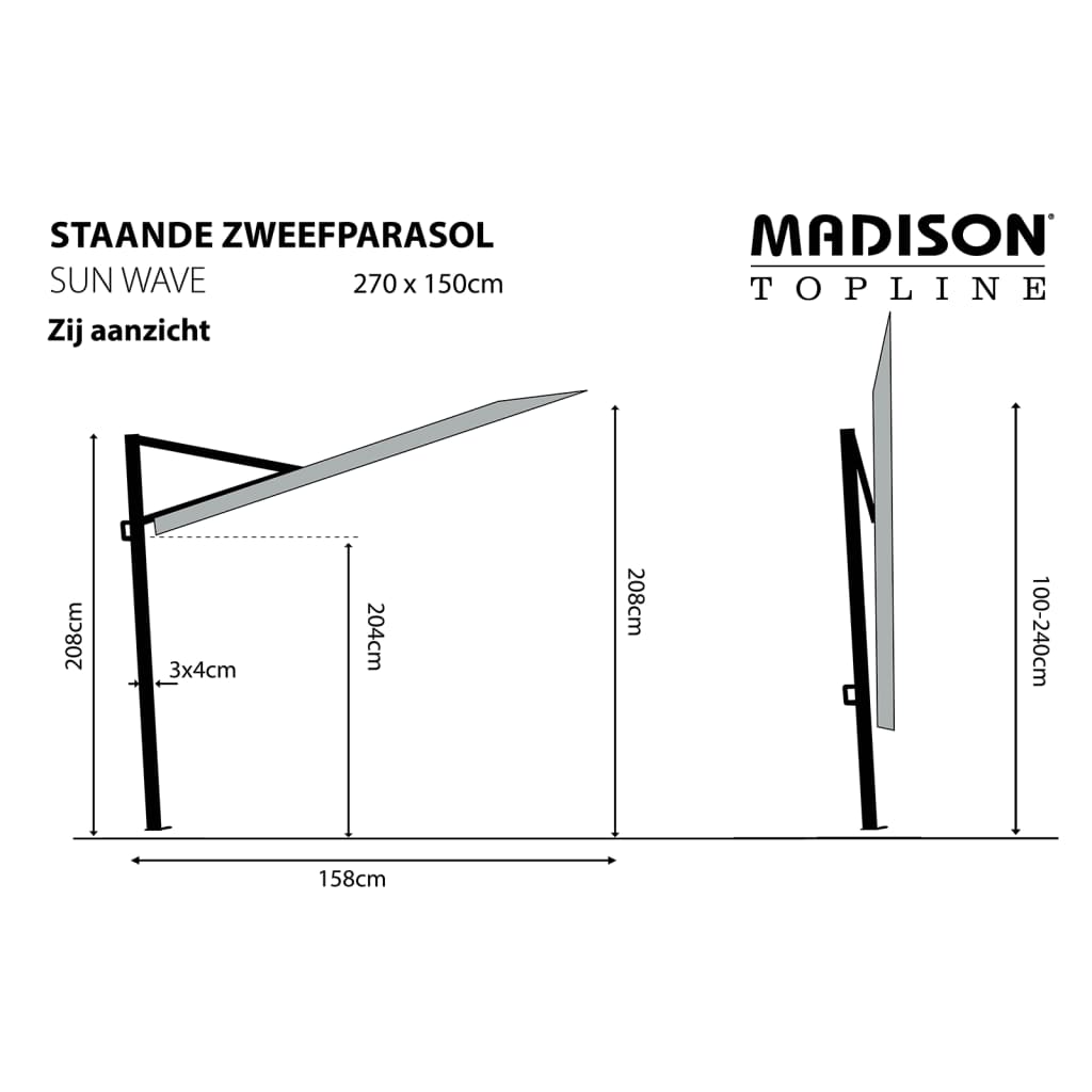 Madison Ombrellone da Balcone Sun Wave 270x150 cm Grigio PAC3P014