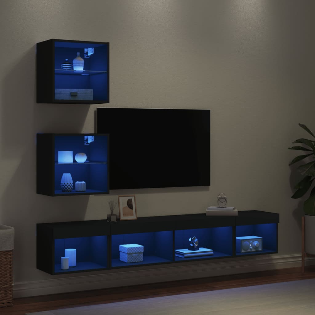 vidaXL Mobili TV a Muro con LED 5pz Neri in Legno Multistrato