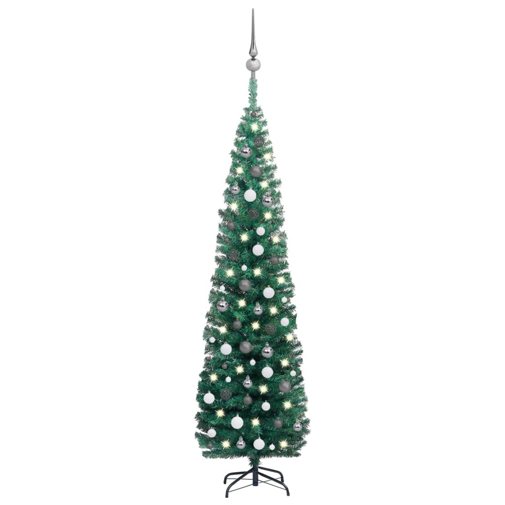 vidaXL Albero di Natale Sottile Preilluminato con Palline Verde 210 cm