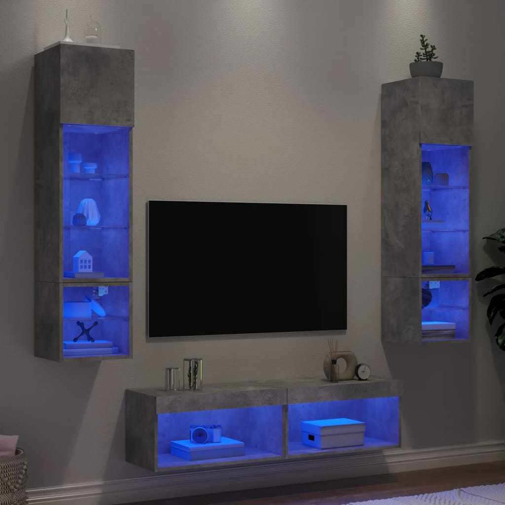 vidaXL Mobili TV a Muro con LED 6pz Grigio Cemento Legno Multistrato