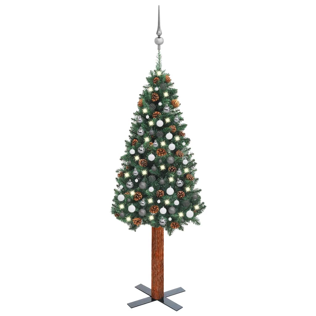 vidaXL Set Albero Natale Sottile Luci LED e Palline Verde 210 cm PVC
