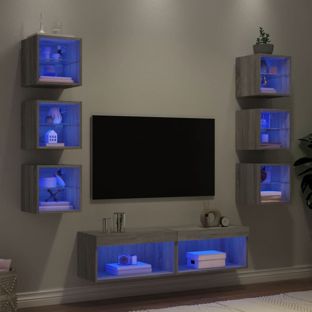 vidaXL Mobili TV a Muro con LED 8pz Grigio Sonoma Legno Multistrato