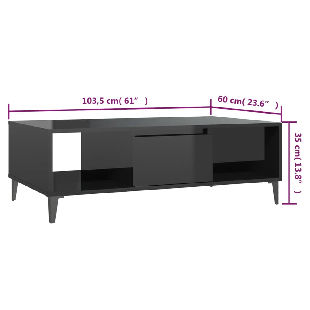 vidaXL Tavolino da Salotto Nero Lucido 103,5x60x35cm Legno Multistrato