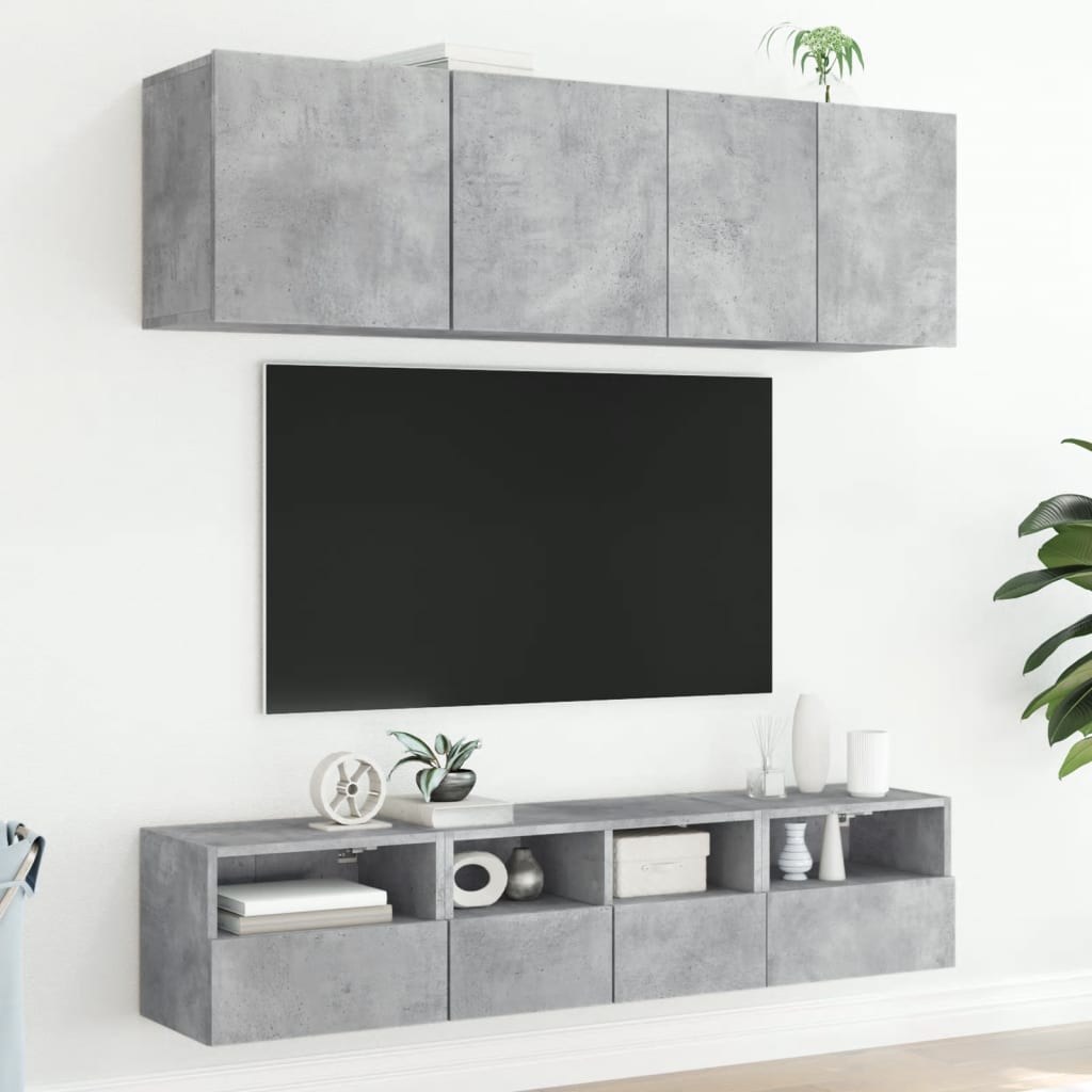 vidaXL Mobili TV a Muro con LED 5pz Grigio Cemento Legno Multistrato