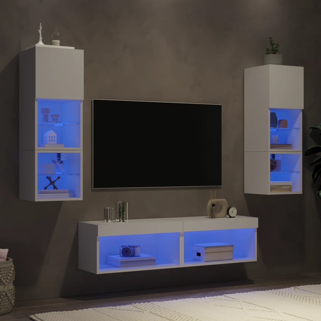 vidaXL Mobili TV a Muro con LED 6pz Bianchi in Legno Multistrato