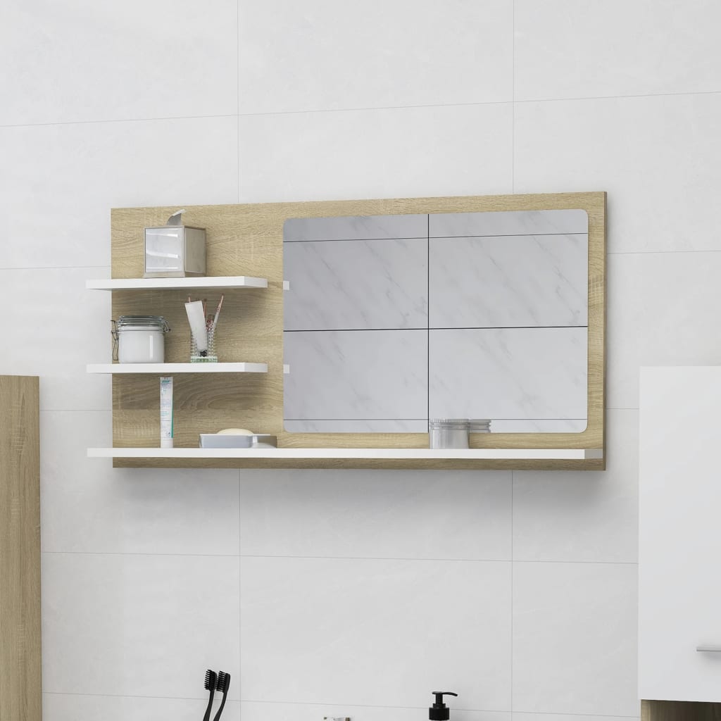 vidaXL Specchio Bagno Bianco e Rovere Sonoma 90x10,5x45 cm Multistrato