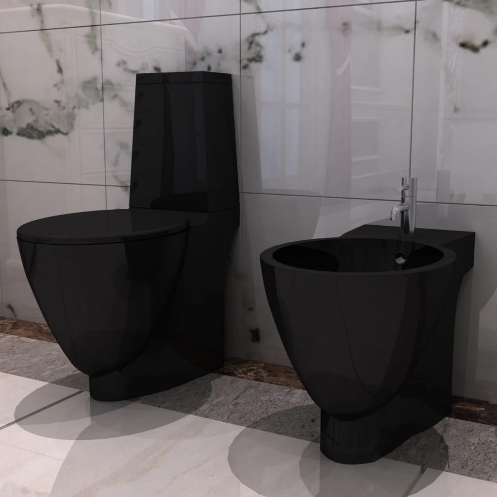 vidaXL Set Toilette e Bidè in Ceramica Nero