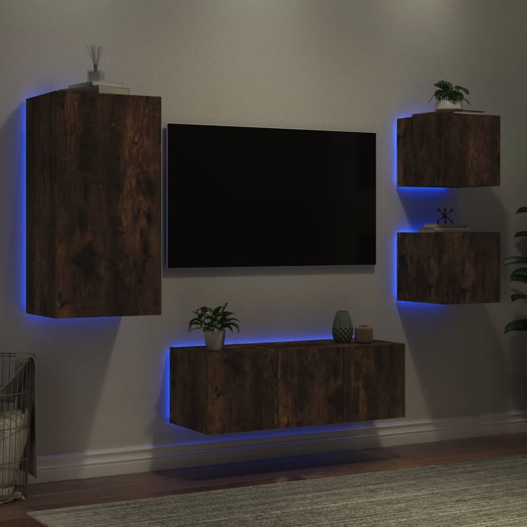 vidaXL Mobili TV a Muro con LED 5pz Rovere Fumo in Legno Multistrato