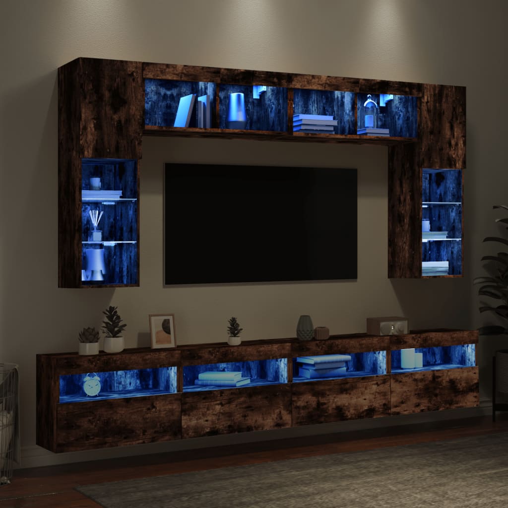 vidaXL Set Mobili TV a Muro 8 pz con Luci LED Rovere Fumo