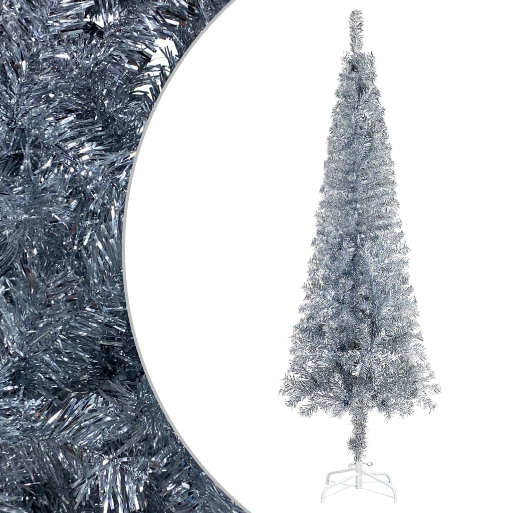 vidaXL Albero di Natale Sottile Preilluminato Palline Argento 120 cm
