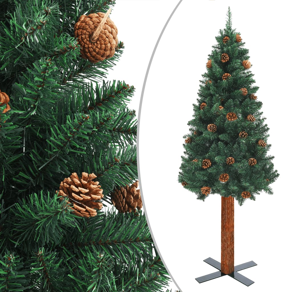 vidaXL Albero di Natale Sottile con Legno Vero e Pigne Verde 150cm PVC