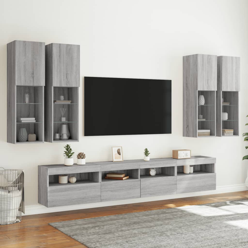 vidaXL Set Mobili TV a Muro 7 pz con Luci LED Grigio Sonoma