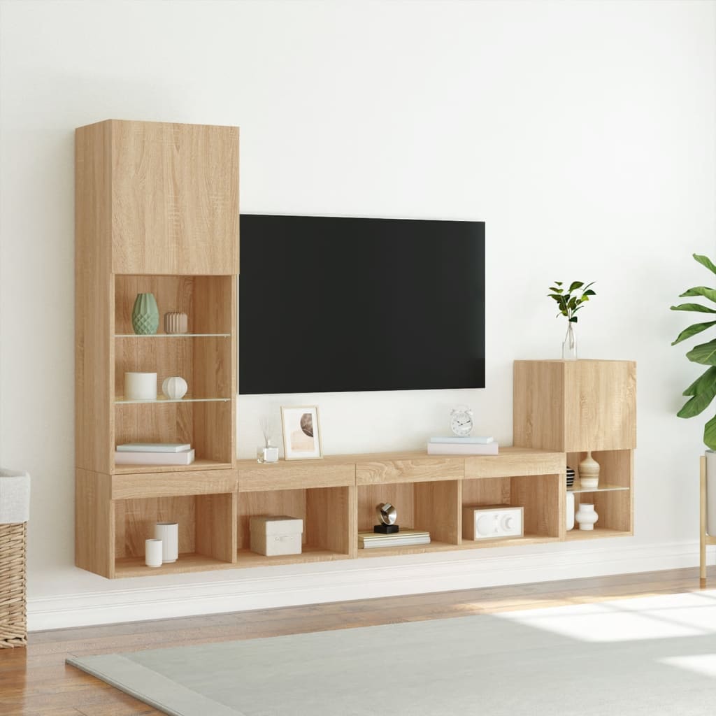 vidaXL Mobili TV a Muro con LED 4pz Rovere Sonoma Legno Multistrato