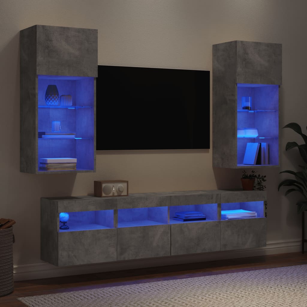 vidaXL Mobili TV a Muro con LED 5pz Grigio Cemento Legno Multistrato