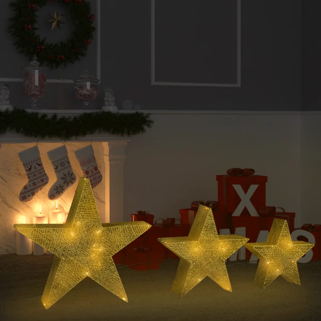 vidaXL Decorazioni Natale Stelle 3 pz Oro in Rete LED Interni Esterni